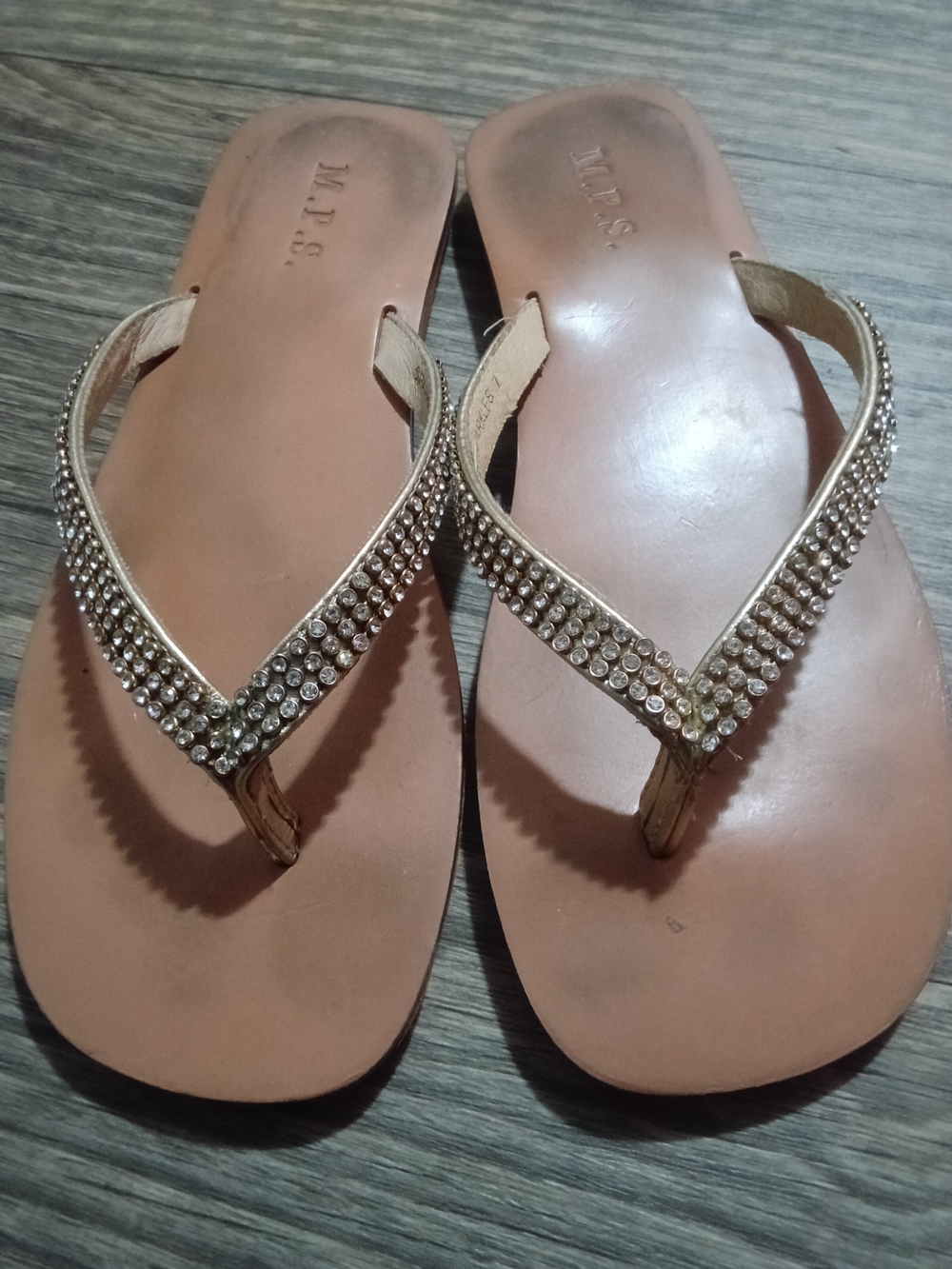 Embellished Beige Rhinestone Flip Flop Sandals - Picture 2 of 5